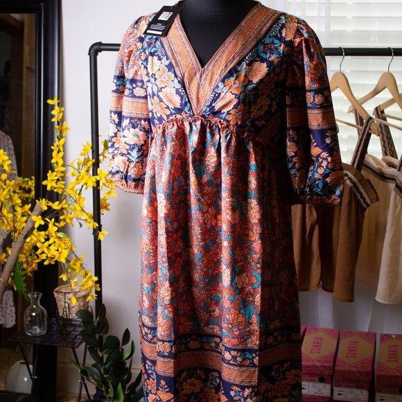 Floral Midi Dress in Blue and Orange - Picture 4 of 4